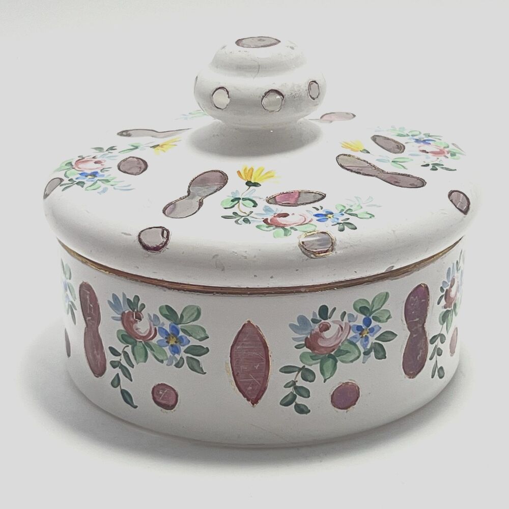 VTG Bohemian Czech Cased Milk Glass Hand Painted Trinket / Powder Jar Floral